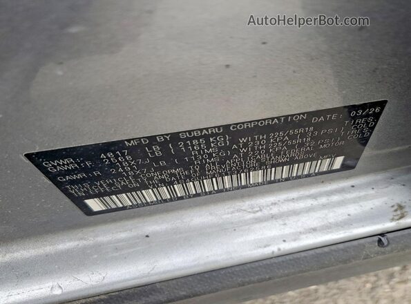 4S4GUHF61T3762586 2026 SUBARU CROSSTREK Silver VIN კოდის სტიკერის ხედი