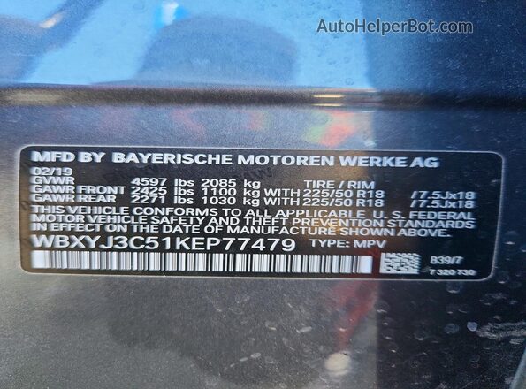 WBXYJ3C51KEP77479 2019 BMW X2 Gray სალონის 360-გრადუსიანი ხედი
