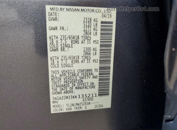 5N1AZ2MJ3KN135211 2019 NISSAN MURANO Gray Vista interior de 360 grados
