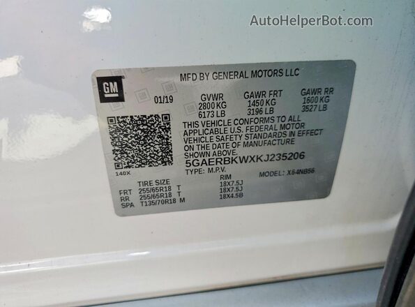 5GAERBKWXKJ235206 2019 BUICK ENCLAVE White სალონის 360-გრადუსიანი ხედი