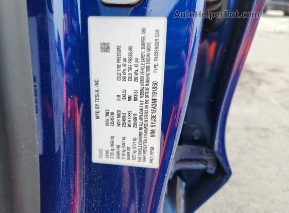 5YJ3E1EA3NF191850 2022 TESLA MODEL Синий Вид наклейки с VIN-кодом