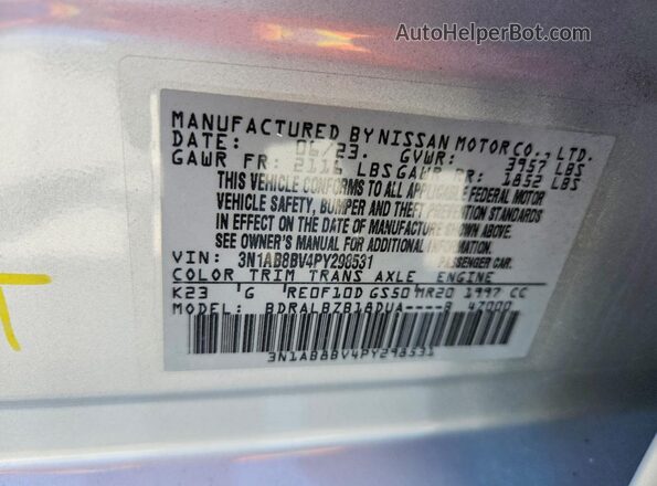 3N1AB8BV4PY298531 2023 NISSAN SENTRA Silver VIN sticker view