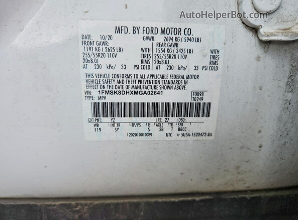 1FMSK8DHXMGA02641 2021 FORD EXPLORER White 