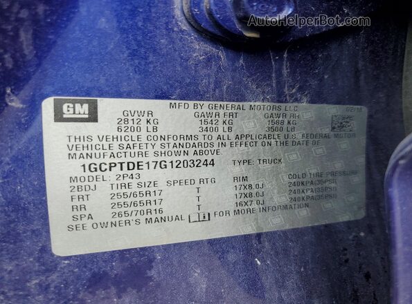 1GCPTDE17G1203244 2016 CHEVROLET COLORADO Синий Панорамный вид салона 360°