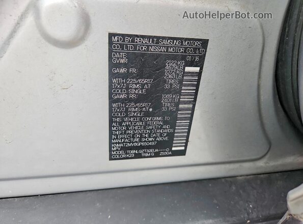 KNMAT2MV8GP650497 2016 NISSAN ROGUE Серебряный Вид наклейки с VIN-кодом
