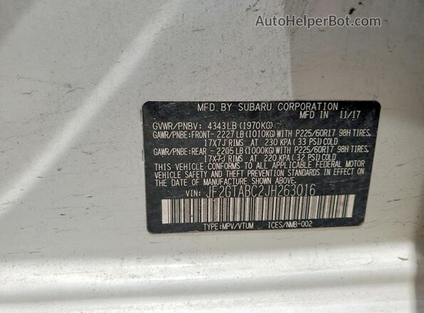 JF2GTABC2JH263016 2018 SUBARU CROSSTREK Белый Вид наклейки с VIN-кодом