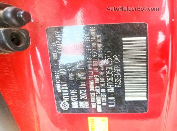 KMHTC6AD5GU295717 2016 HYUNDAI VELOSTER Red VIN კოდის სტიკერის ხედი