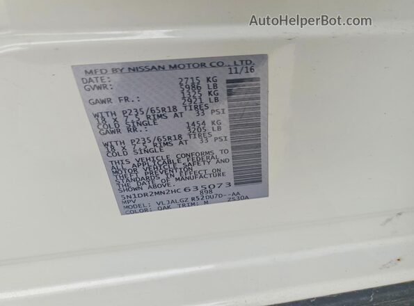 5N1DR2MN2HC635073 2017 NISSAN PATHFINDER White Вид наклейки з VIN-кодом
