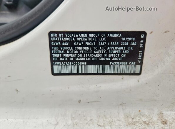 1VWLA7A38KC004968 2019 VOLKSWAGEN PASSAT White VIN sticker view