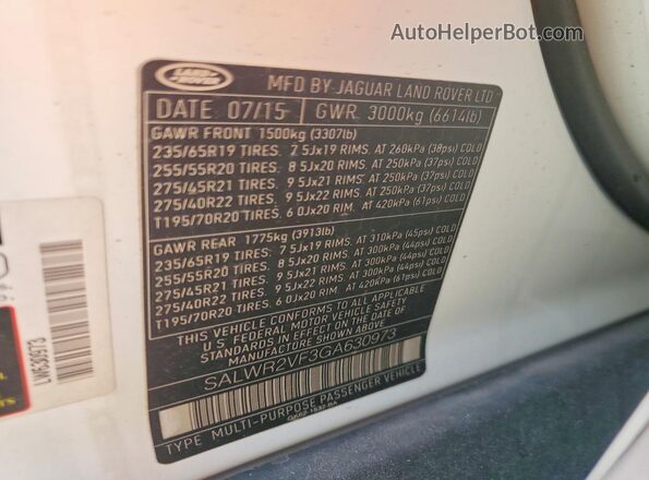 SALWR2VF3GA630973 2016 LAND ROVER RANGE ROVER White VIN կոդի պիտակի տեսք