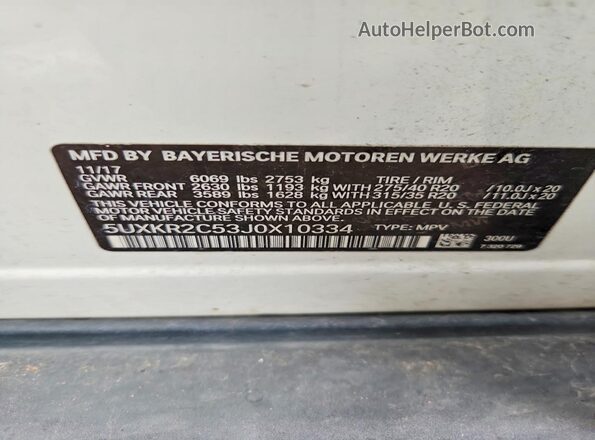 5UXKR2C53J0X10334 2018 BMW X5 White Widok naklejki z numerem VIN