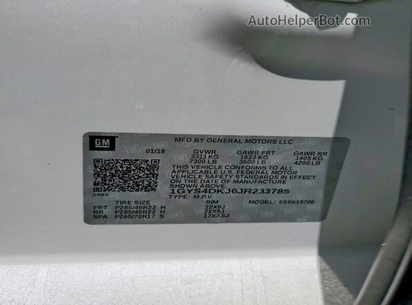 1GYS4DKJ6JR233785 2018 CADILLAC ESCALADE White 
