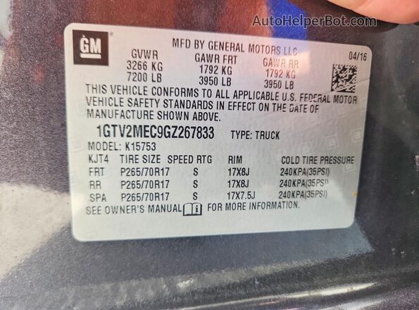 1GTV2MEC9GZ267833 2016 GMC SIERRA Gray Widok naklejki z numerem VIN