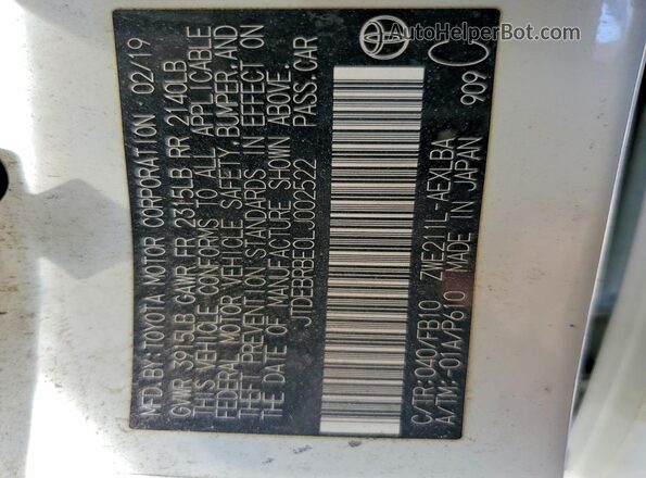 JTDEBRBE0LJ002522 2020 TOYOTA COROLLA White VIN կոդի պիտակի տեսք
