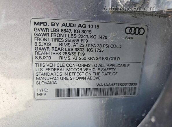 WA1AAAF73KD013939 2019 AUDI Q7 Silver VIN sticker view