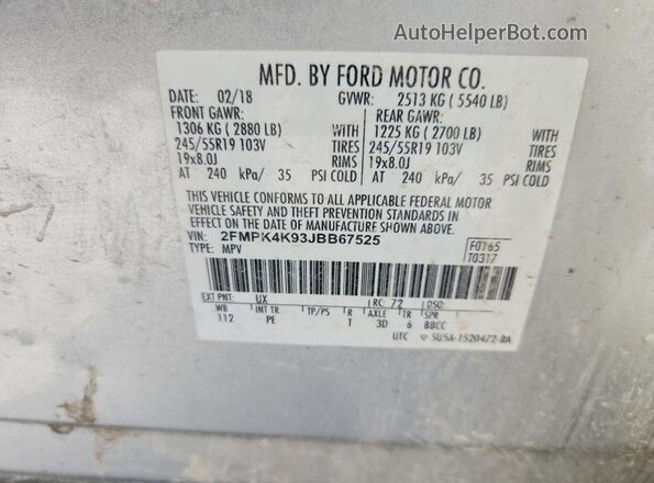 2FMPK4K93JBB67525 2018 FORD EDGE Silver Widok wnętrza 360 stopni