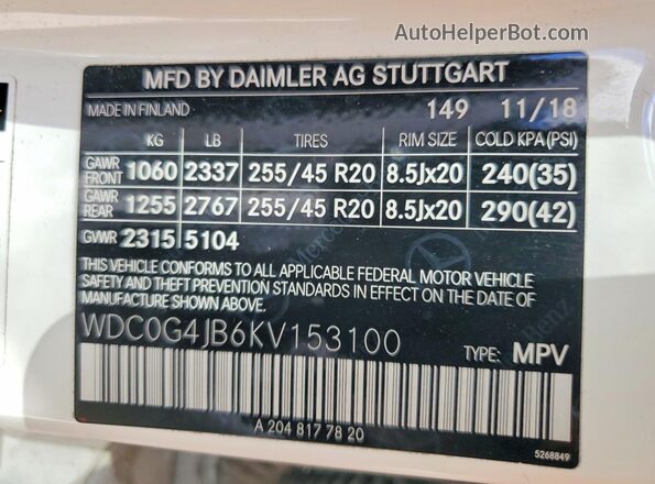 WDC0G4JB6KV153100 2019 MERCEDES-BENZ GLC-CLASS White Սալոնի 360 աստիճան տեսք