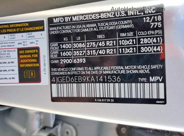 4JGED6EB9KA141536 2019 MERCEDES-BENZ GLE Silver Vista interior de 360 grados