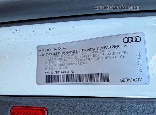 WAUC4AF41KA053138 2019 AUDI S4 White Հետևի նստատեղերի տեսք