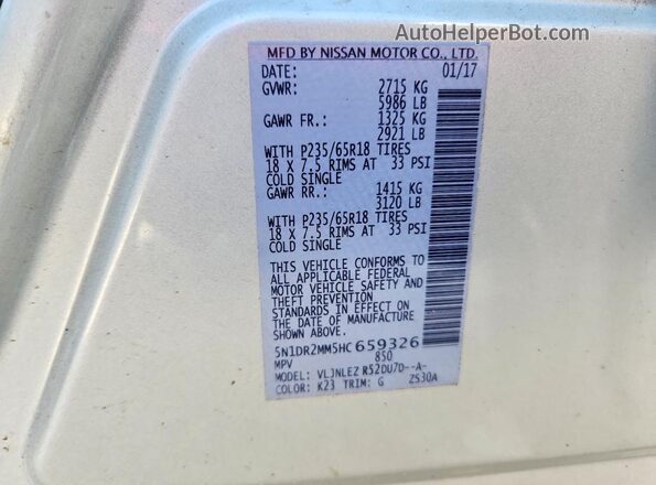 5N1DR2MM5HC659326 2017 NISSAN PATHFINDER Silver Widok wnętrza 360 stopni