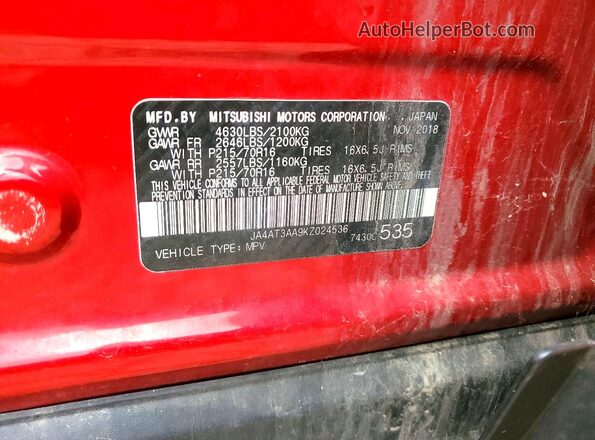 JA4AT3AA9KZ024536 2019 MITSUBISHI ECLIPSE Red Вид наклейки з VIN-кодом