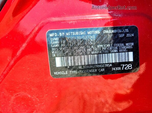 ML32AUHJ7RH027854 2024 MITSUBISHI MIRAGE Red Vista de la etiqueta del VIN