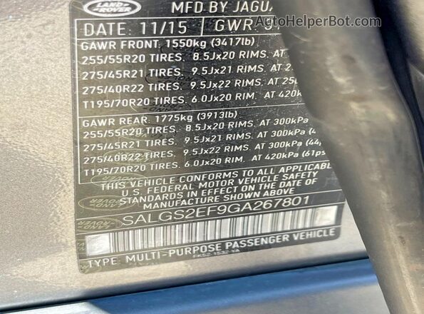 SALGS2EF9GA267801 2016 LAND ROVER RANGE Gray Սալոնի հետևի տեսք