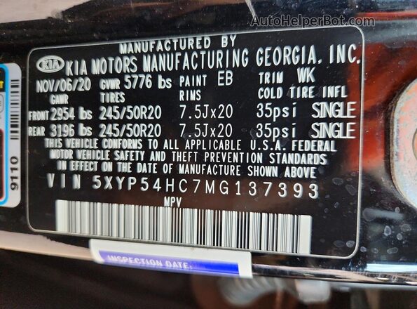 5XYP54HC7MG137393 2021 KIA TELLURIDE Black 