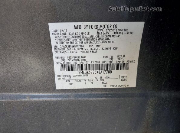 2FMGK5B86KBA17780 2019 FORD FLEX Gray Vista interior de 360 grados