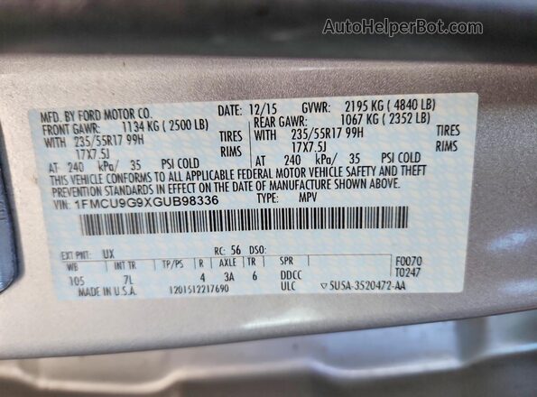 1FMCU9G9XGUB98336 2016 FORD ESCAPE Silver Vista de la etiqueta del VIN