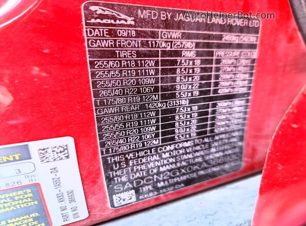 SADCN2GX0KA366930 2019 JAGUAR F-PACE Red 360 interior view
