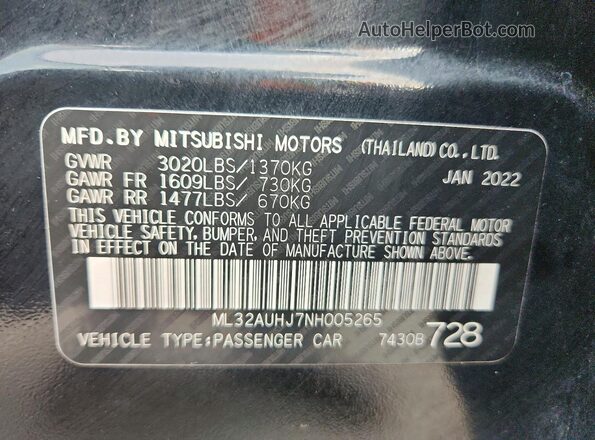 ML32AUHJ7NH005265 2022 MITSUBISHI MIRAGE Черный Вид наклейки с VIN-кодом