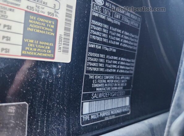 SALWR2EF1GA123201 2016 LAND ROVER RANGE Black Vista de la etiqueta del VIN