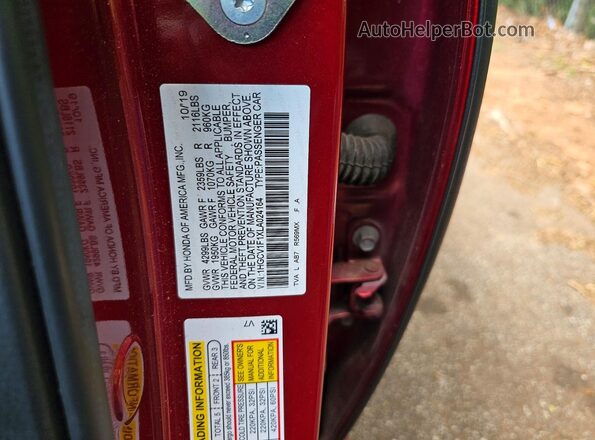 1HGCV1F1XLA024164 2020 HONDA ACCORD Red Vista interior trasera