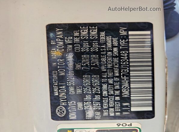 KM8SM4HF7GU163448 2016 HYUNDAI SANTA White VIN կոդի պիտակի տեսք