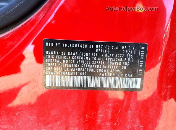 3VWC57BUXKM111692 2019 VOLKSWAGEN JETTA Red Вид наклейки з VIN-кодом
