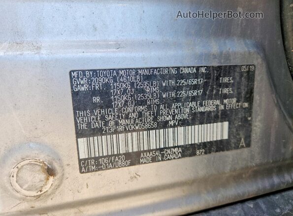 2T3P1RFV0KW058658 2019 TOYOTA RAV4 Silver VIN sticker view
