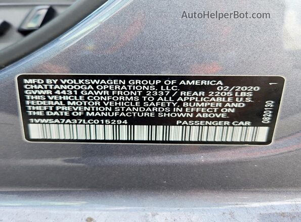 1VWSA7A37LC015294 2020 VOLKSWAGEN PASSAT Gray VIN კოდის სტიკერის ხედი