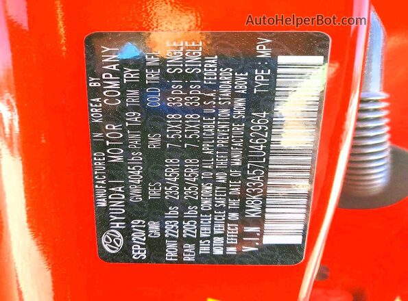 KM8K33A57LU462964 2020 HYUNDAI KONA Red Սալոնի 360 աստիճան տեսք
