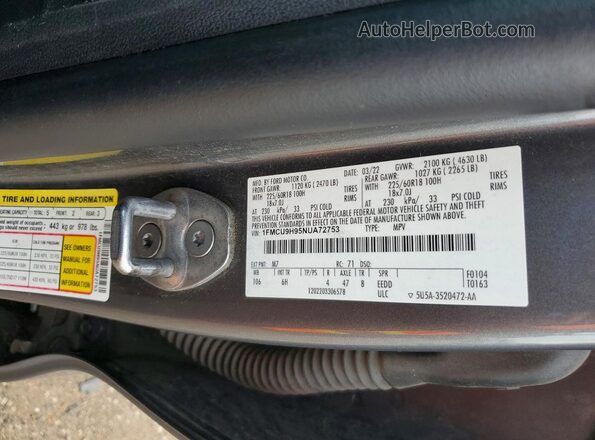 1FMCU9H95NUA72753 2022 FORD ESCAPE Gray Vista de la etiqueta del VIN