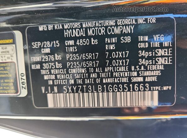 5XYZT3LB1GG351663 2016 HYUNDAI SANTA Black Սալոնի 360 աստիճան տեսք