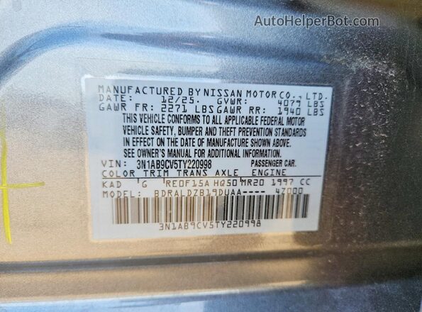 3N1AB9CV5TY220998 2026 NISSAN SENTRA Silver Vista de la etiqueta del VIN