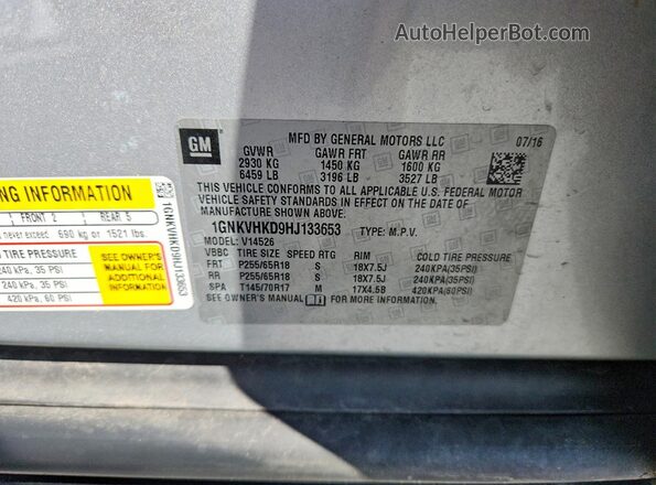 1GNKVHKD9HJ133653 2017 CHEVROLET TRAVERSE Серый Вид наклейки с VIN-кодом