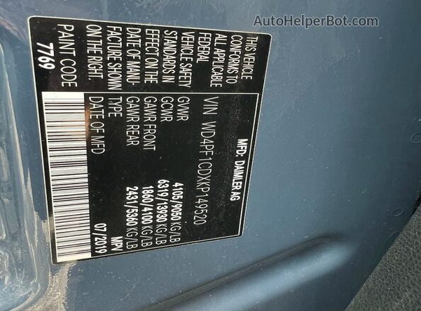 WD4PF1CDXKP149520 2019 MERCEDES-BENZ SPRINTER Синий Вид задней части салона
