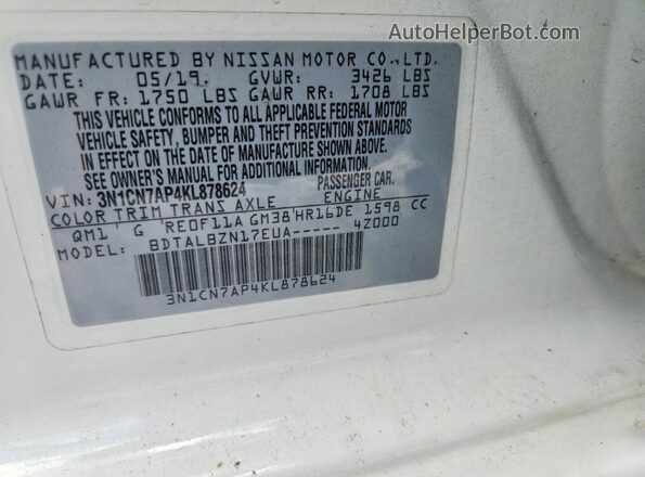 3N1CN7AP4KL878624 2019 NISSAN VERSA White VIN კოდის სტიკერის ხედი