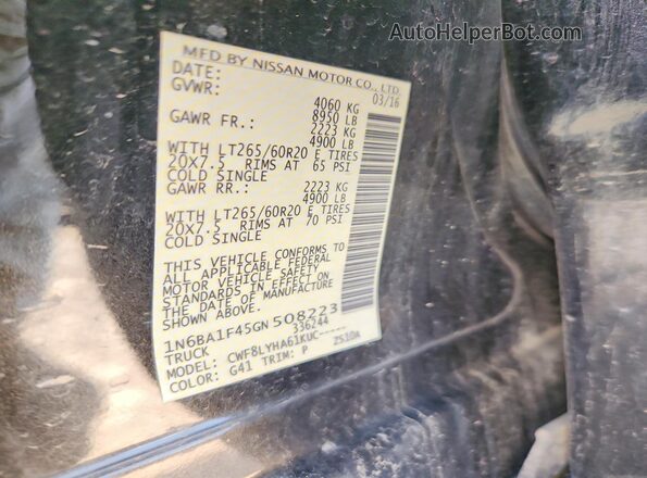 1N6BA1F45GN508223 2016 NISSAN TITAN Black Vista de la etiqueta del VIN