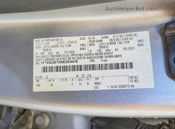1FT8W2BTXNED04418 2022 FORD F250 Silver Սալոնի հետևի տեսք