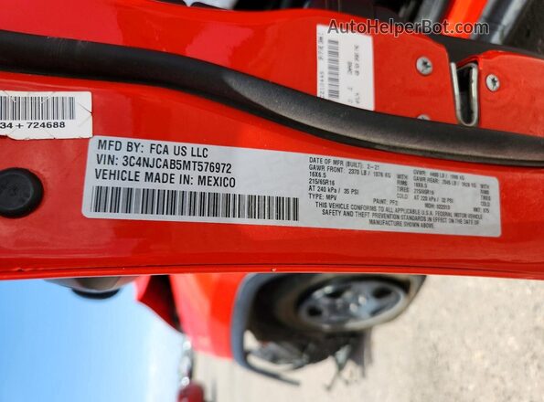 3C4NJCAB5MT576972 2021 JEEP COMPASS Orange Vista de la etiqueta del VIN