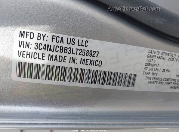 3C4NJCBB3LT258927 2020 JEEP COMPASS Серебряный Вид подкапотного пространства