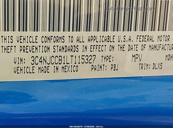 3C4NJCCB1LT115327 2020 JEEP COMPASS Blue Вид підкапотного простору